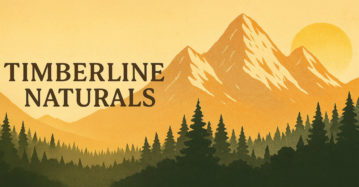 Logo of Timberline Naturals with mountains and trees in the background